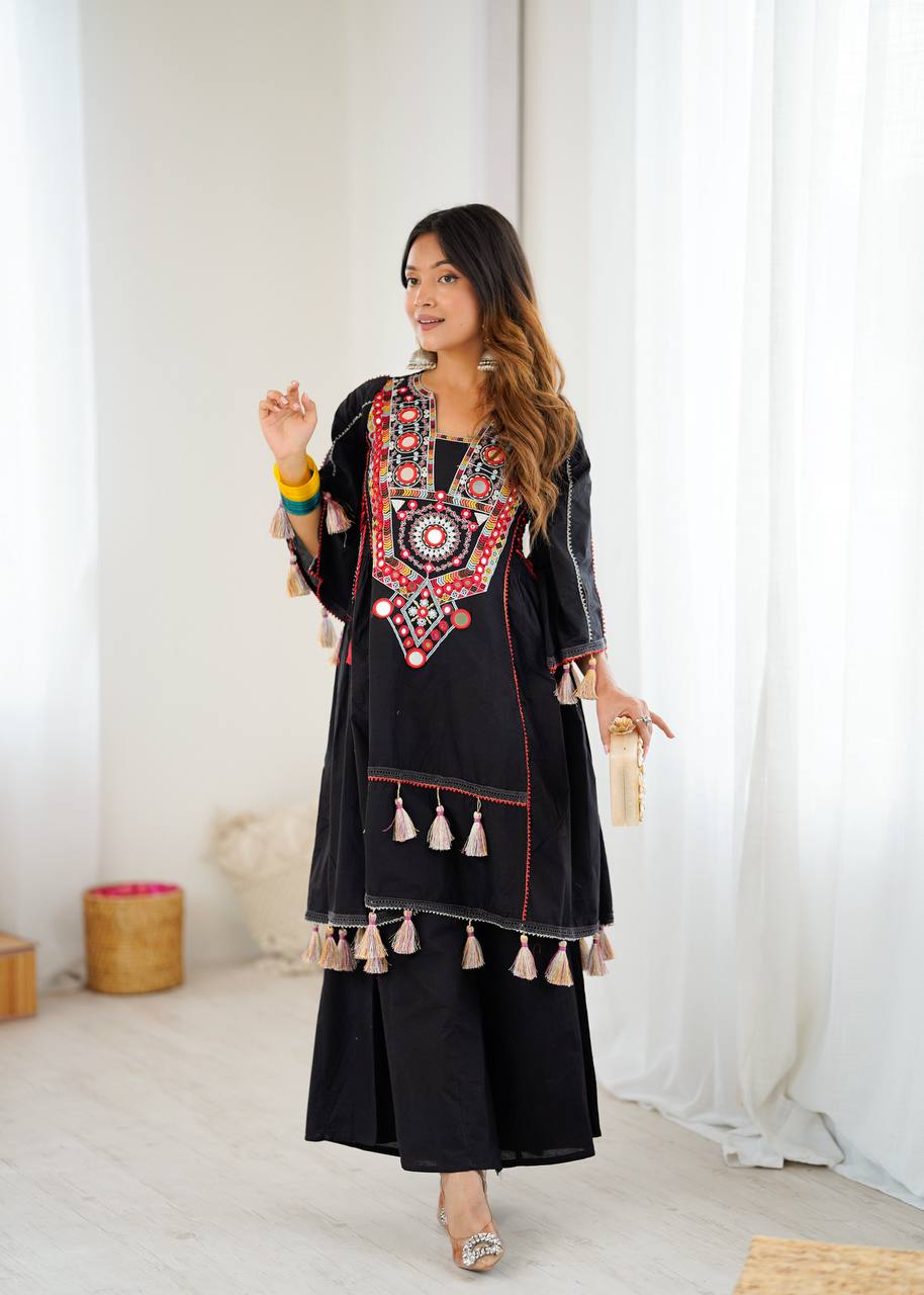 Hand-Embroidered Designer Peplum & Bell Bottom Set with Real Mirror Work Black Kurta Set with Pink Tassels – Ethnic Festive Wear for Women
