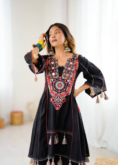 Hand-Embroidered Designer Peplum & Bell Bottom Set with Real Mirror Work Black Kurta Set with Pink Tassels – Ethnic Festive Wear for Women