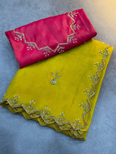 Premium Soft Tissue Zari Saree with Rich Cut Dana Work & Contrast Blouse