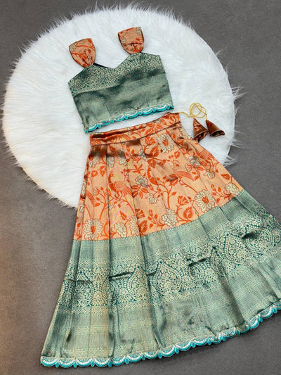 Peacock Green Zari Blouse with Rust-Orange Puff Sleeves Kids Lehenga Choli