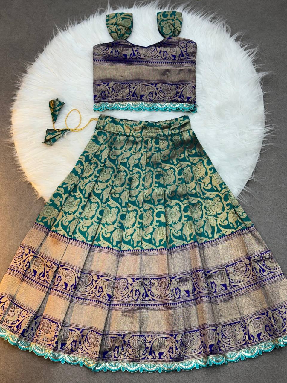 Kids Traditional Parrot Green & Royal Blue Banarasi Lehenga Choli with Gold Zari Work