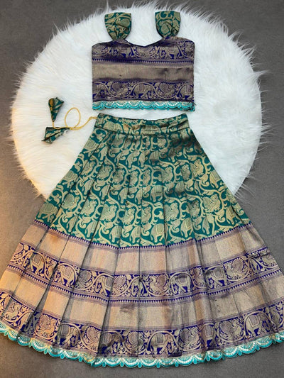 Kids Traditional Parrot Green & Royal Blue Banarasi Lehenga Choli with Gold Zari Work