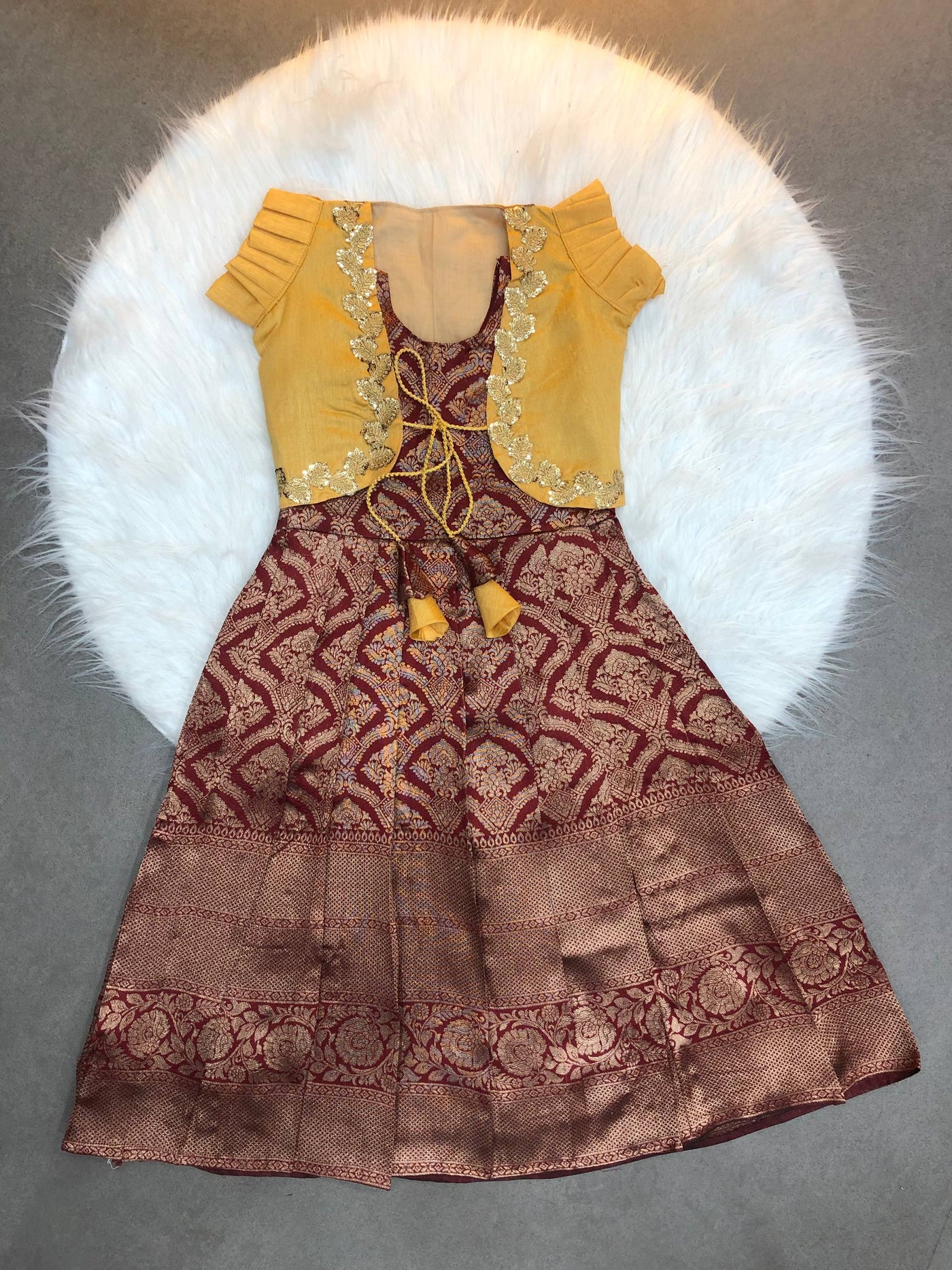 Kids Ethnic Maroon & Mustard Yellow Banarasi Lehenga Gown with Gold Zari & koti