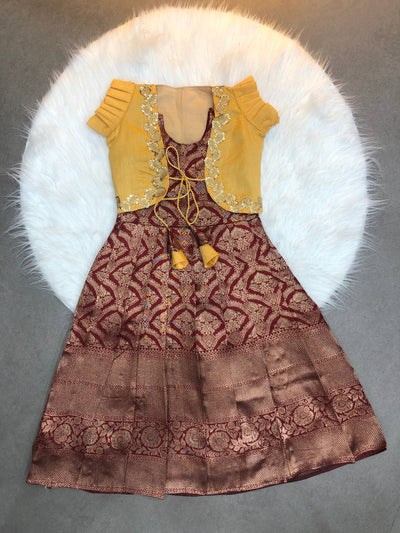 Kids Ethnic Maroon & Mustard Yellow Banarasi Lehenga Gown with Gold Zari & koti