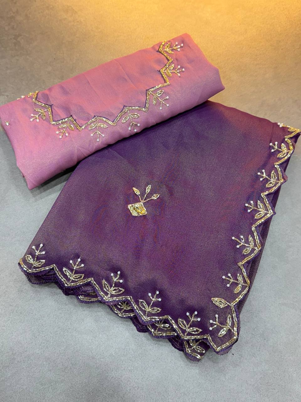 Premium Soft Tissue Zari Saree with Rich Cut Dana Work & Contrast Blouse