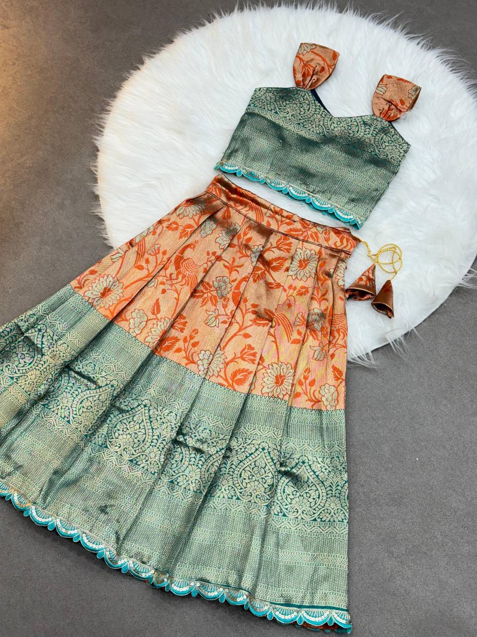 Peacock Green Zari Blouse with Rust-Orange Puff Sleeves Kids Lehenga Choli