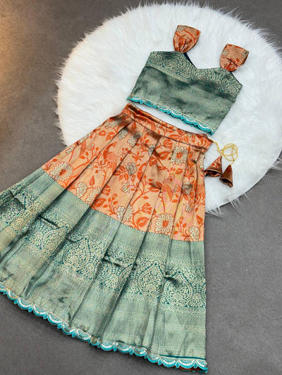 Peacock Green Zari Blouse with Rust-Orange Puff Sleeves Kids Lehenga Choli