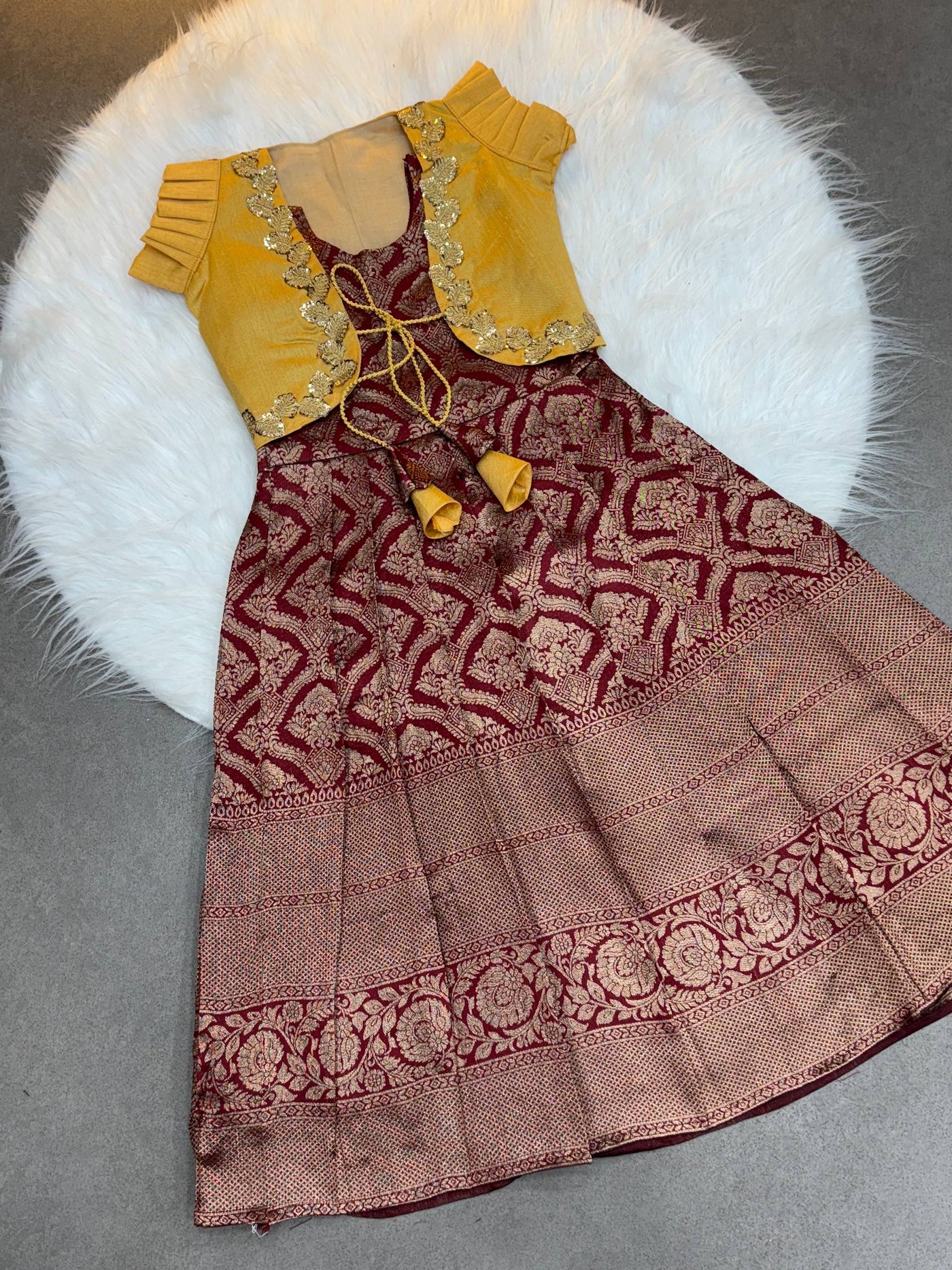 Kids Ethnic Maroon & Mustard Yellow Banarasi Lehenga Gown with Gold Zari & koti