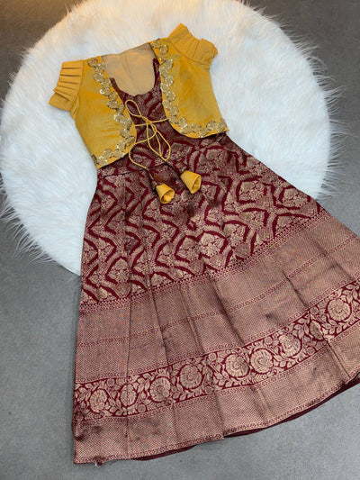 Kids Ethnic Maroon & Mustard Yellow Banarasi Lehenga Gown with Gold Zari & koti