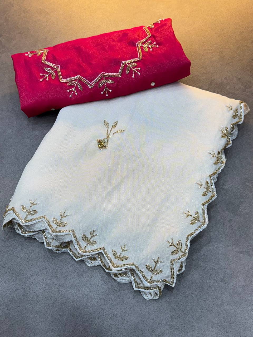 Premium Soft Tissue Zari Saree with Rich Cut Dana Work & Contrast Blouse