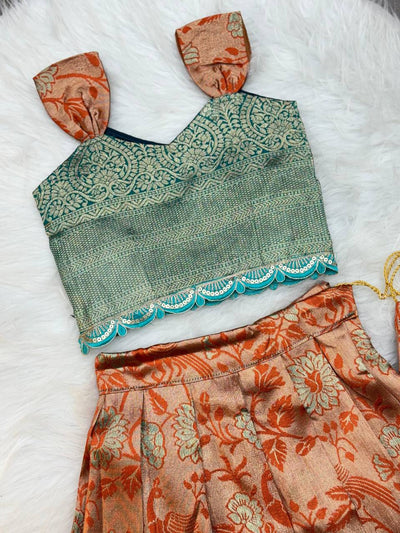 Peacock Green Zari Blouse with Rust-Orange Puff Sleeves Kids Lehenga Choli