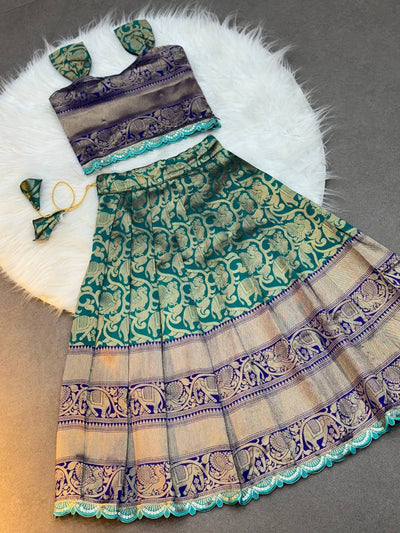 Kids Traditional Parrot Green & Royal Blue Banarasi Lehenga Choli with Gold Zari Work