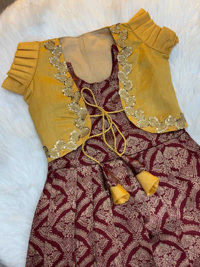 Kids Ethnic Maroon & Mustard Yellow Banarasi Lehenga Gown with Gold Zari & koti