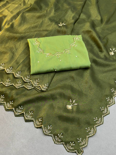 Premium Soft Tissue Zari Saree with Rich Cut Dana Work & Contrast Blouse