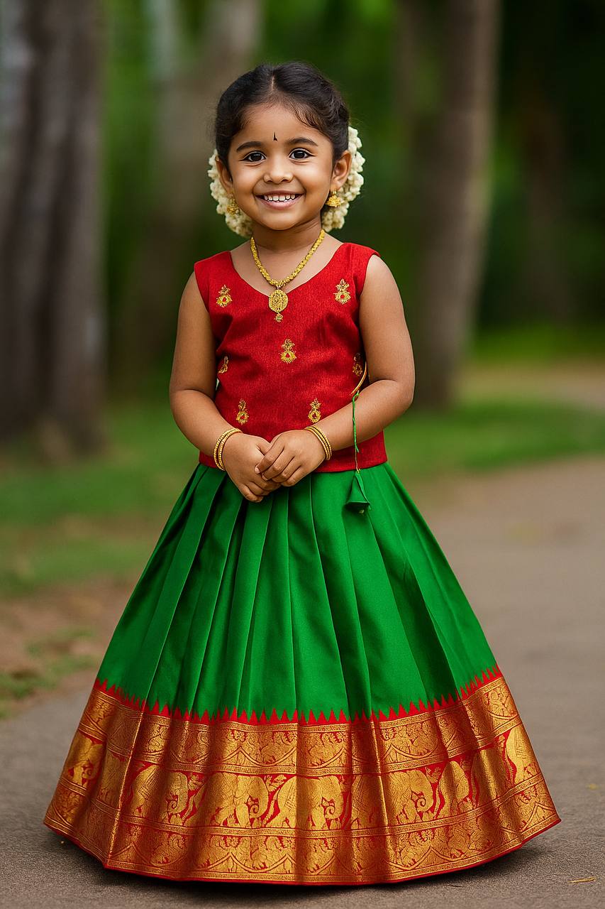 Kids' Ethnic Silk Dress – parrot Green and Red Pattu Pavadai for Festivals