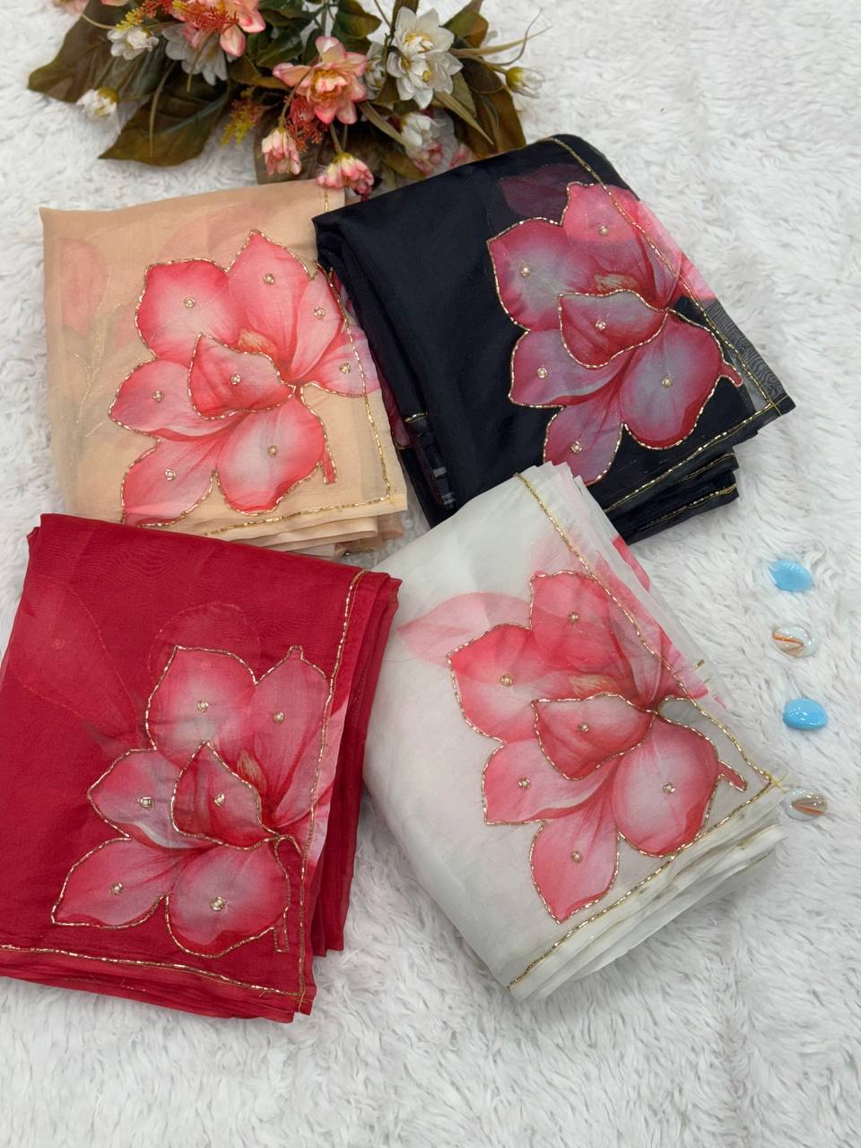 Light & Airy Organza Saree with Intricate Floral Patterns & Designer Finish