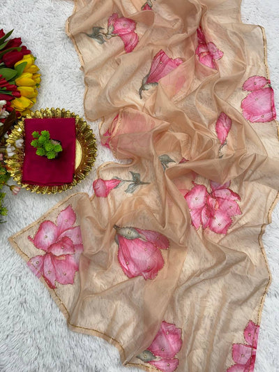 Light & Airy Organza Saree with Intricate Floral Patterns & Designer Finish