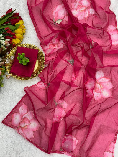 Light & Airy Organza Saree with Intricate Floral Patterns & Designer Finish