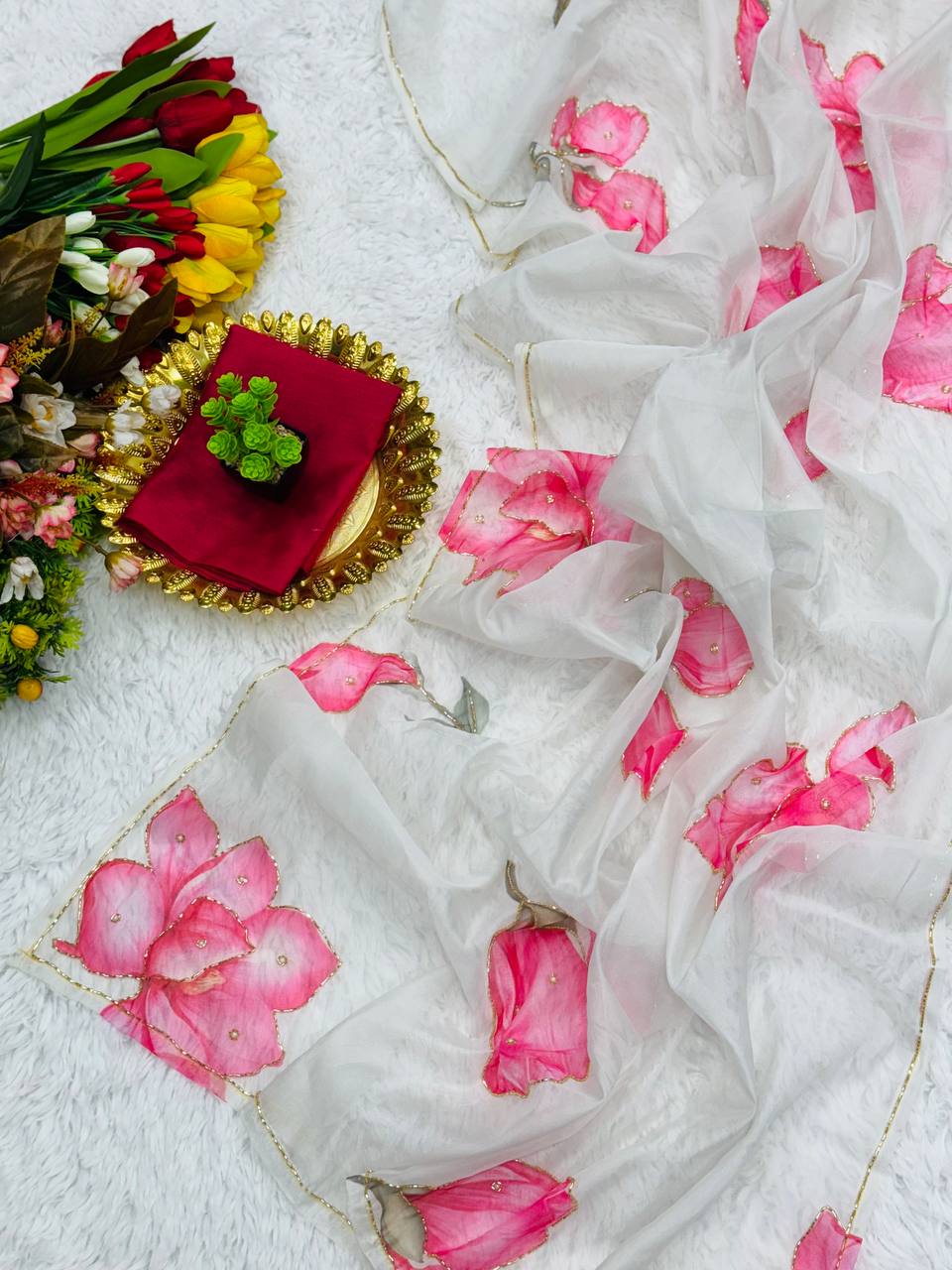 Light & Airy Organza Saree with Intricate Floral Patterns & Designer Finish