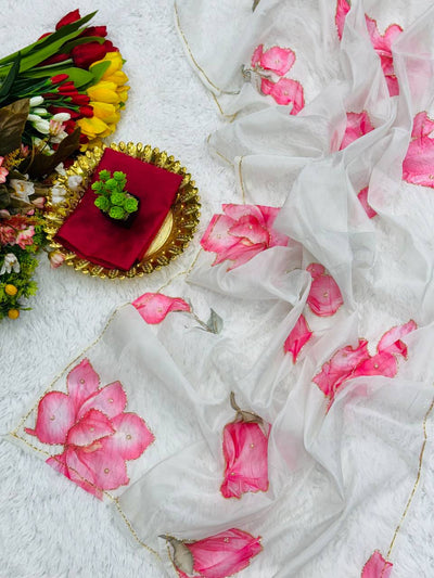 Light & Airy Organza Saree with Intricate Floral Patterns & Designer Finish