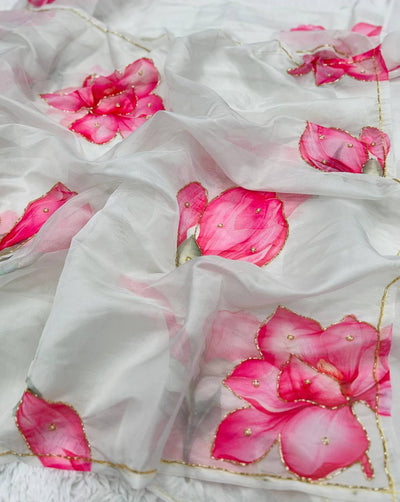 Light & Airy Organza Saree with Intricate Floral Patterns & Designer Finish