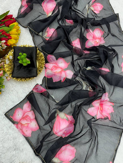 Light & Airy Organza Saree with Intricate Floral Patterns & Designer Finish