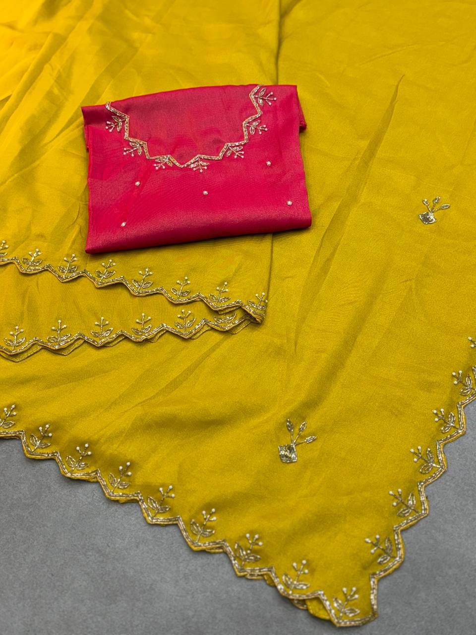 Premium Soft Tissue Zari Saree with Rich Cut Dana Work & Contrast Blouse