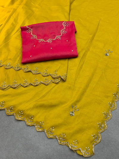 Premium Soft Tissue Zari Saree with Rich Cut Dana Work & Contrast Blouse