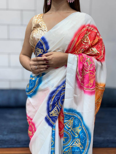 Special Edition Sawan Special Bandhej Saree in Gaji Silk with Gota Patti Handwork