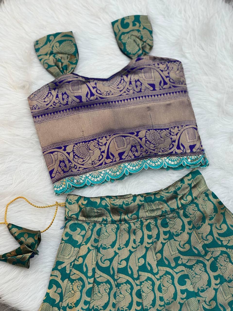 Kids Traditional Parrot Green & Royal Blue Banarasi Lehenga Choli with Gold Zari Work