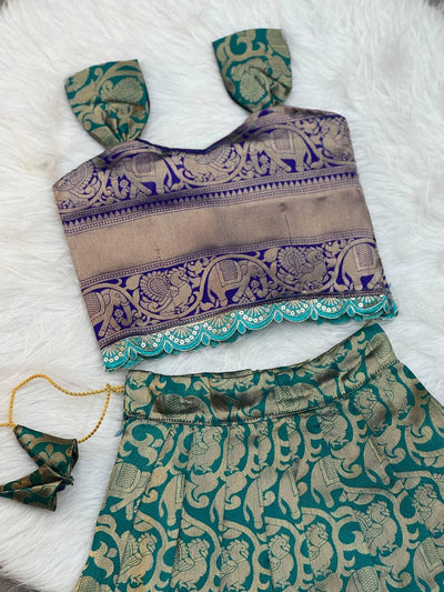 Kids Traditional Parrot Green & Royal Blue Banarasi Lehenga Choli with Gold Zari Work