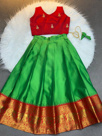 Kids' Ethnic Silk Dress – parrot Green and Red Pattu Pavadai for Festivals
