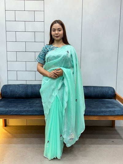 Mint Green Embroidered Saree with Teal Bandhej Blouse | Soothing Ethnic Festive Wear