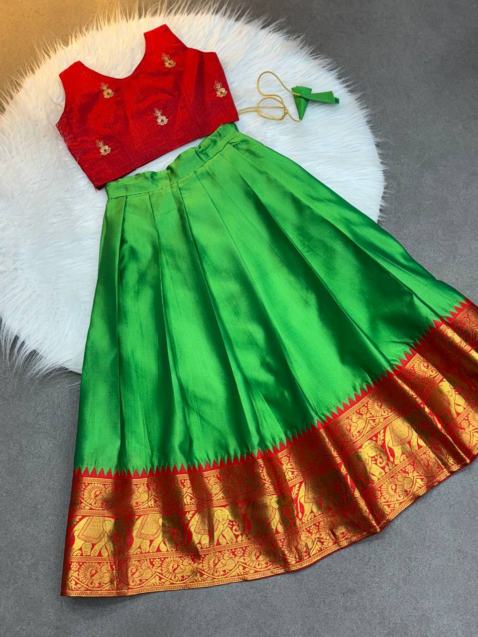 Kids' Ethnic Silk Dress – parrot Green and Red Pattu Pavadai for Festivals