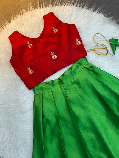 Kids' Ethnic Silk Dress – parrot Green and Red Pattu Pavadai for Festivals