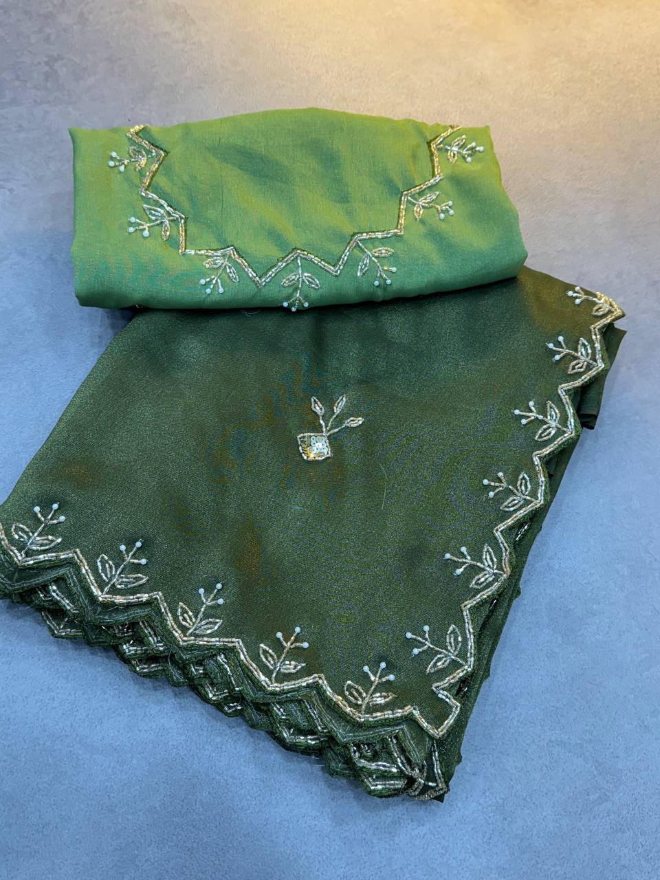 Premium Soft Tissue Zari Saree with Rich Cut Dana Work & Contrast Blouse