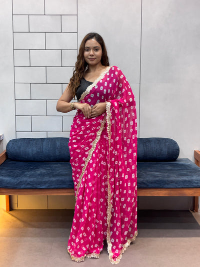 Hot Pink Bandhani Georgette Saree with embroidery Lace Border & Matching Blouse Piece