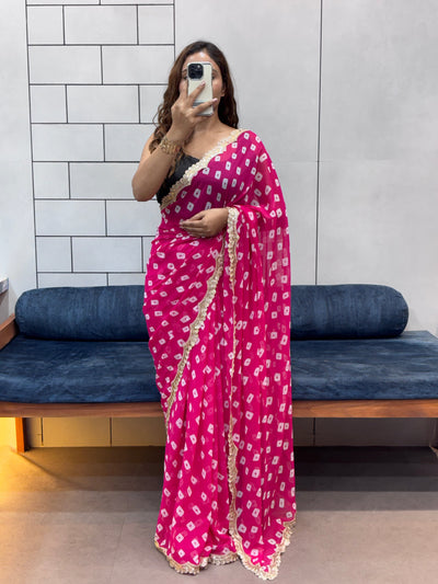 Hot Pink Bandhani Georgette Saree with embroidery Lace Border & Matching Blouse Piece