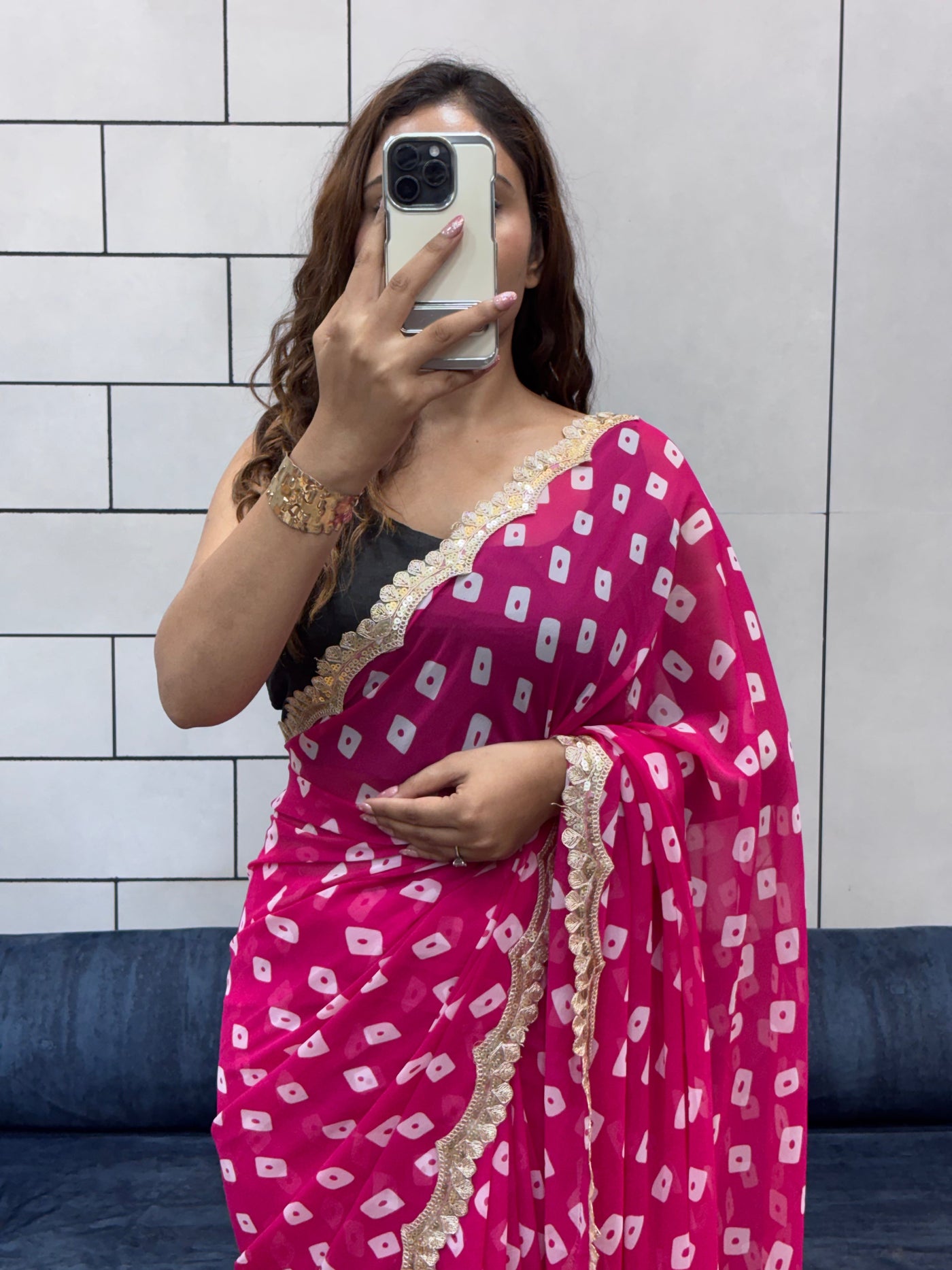 Hot Pink Bandhani Georgette Saree with embroidery Lace Border & Matching Blouse Piece