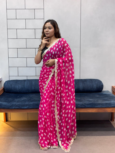Hot Pink Bandhani Georgette Saree with embroidery Lace Border & Matching Blouse Piece