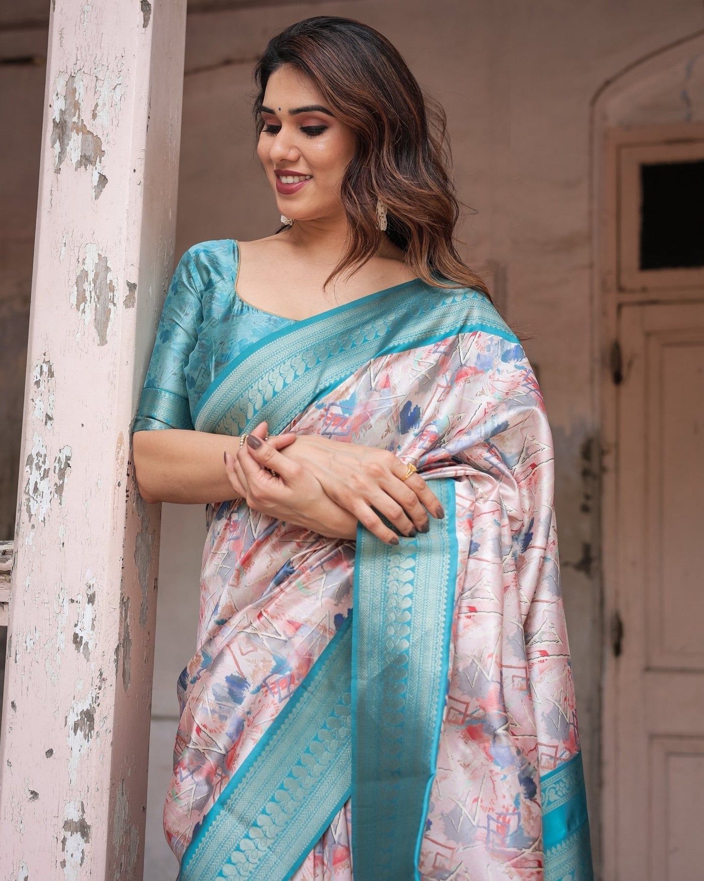 Mesmerizing Aqua Banarasi Silk Saree with Digital Print and Tassels