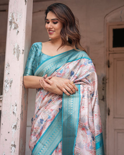 Mesmerizing Aqua Banarasi Silk Saree with Digital Print and Tassels