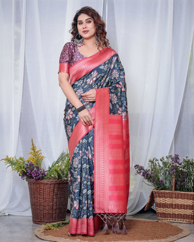 Regal Navy Blue and Pink Floral Banarasi Silk Saree with Tassels