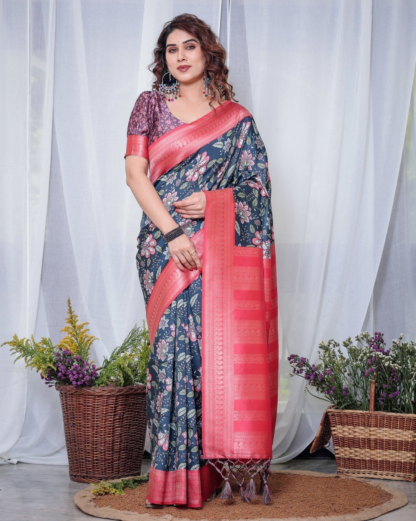 Regal Navy Blue and Pink Floral Banarasi Silk Saree with Tassels