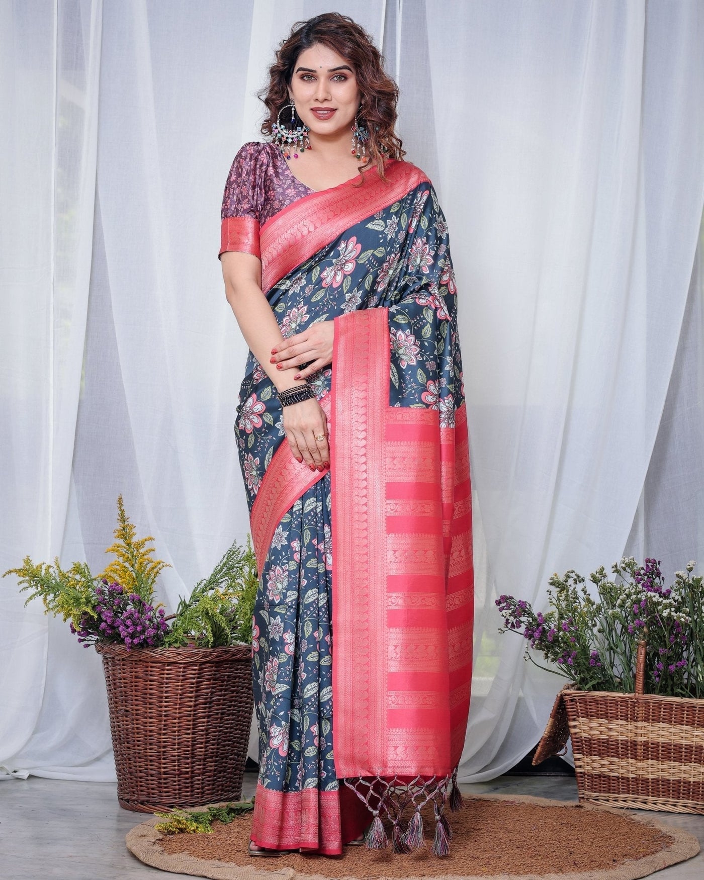 Regal Navy Blue and Pink Floral Banarasi Silk Saree with Tassels