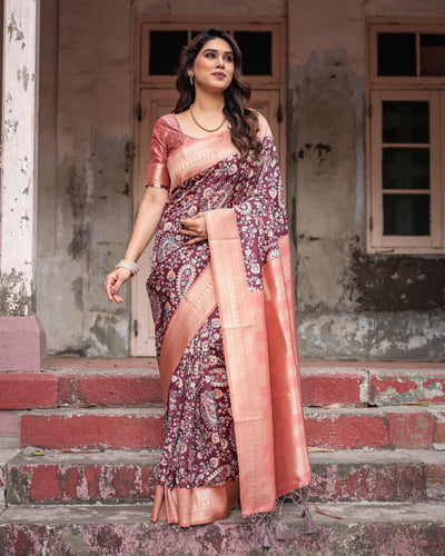 Maroon Banarasi Silk Saree with Peach Zari Border and Paisley Motifs