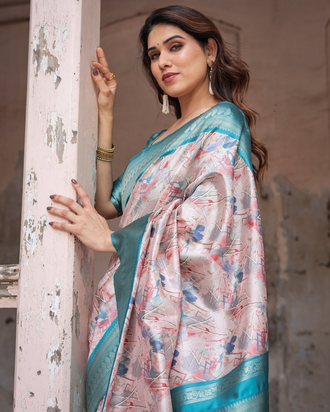 Mesmerizing Aqua Banarasi Silk Saree with Digital Print and Tassels