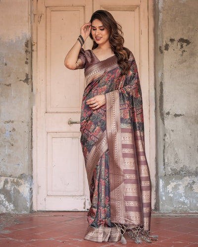 Rich Chocolate Banarasi Silk Saree with Geometric Print and Zari Border