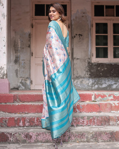 Mesmerizing Aqua Banarasi Silk Saree with Digital Print and Tassels