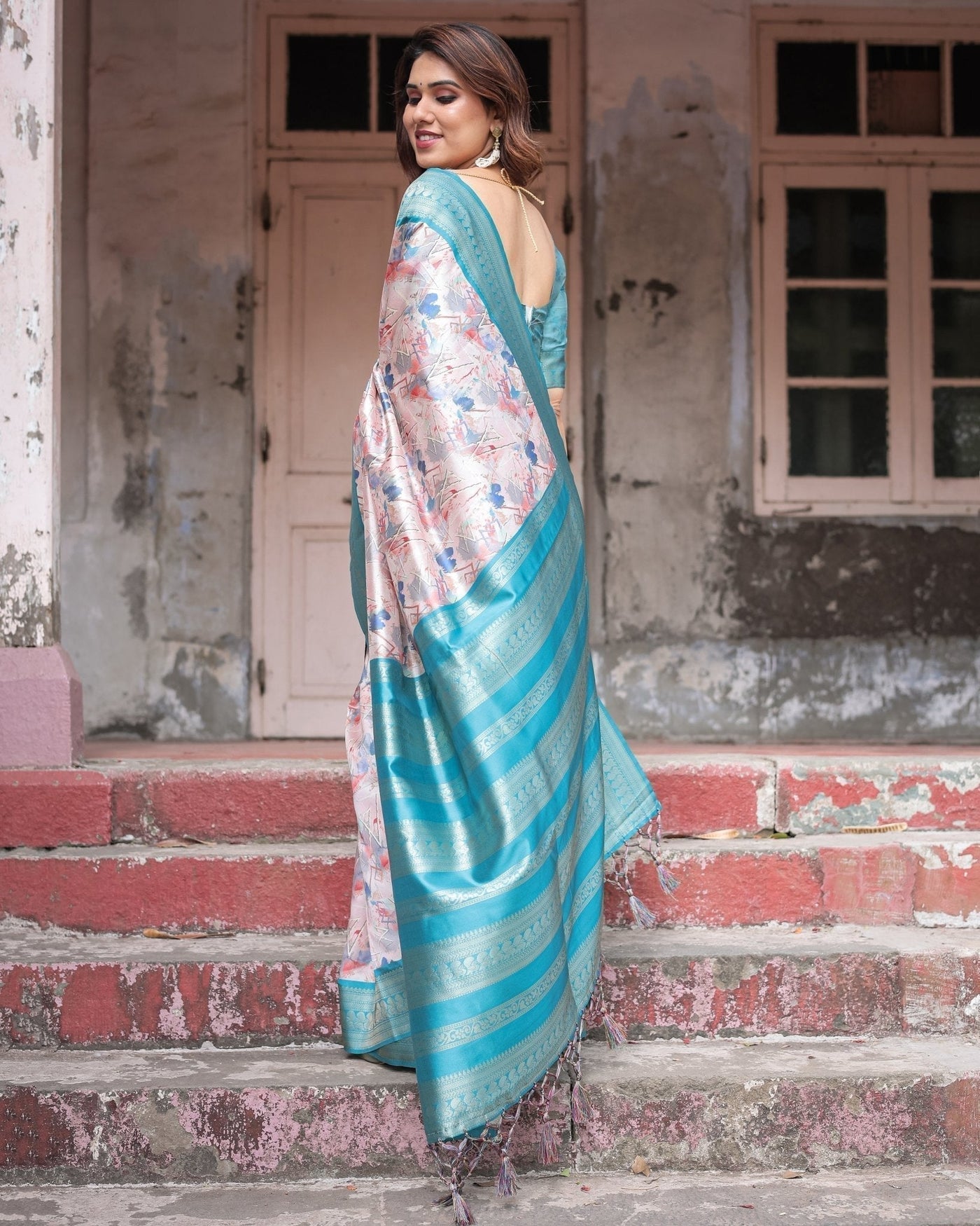 Mesmerizing Aqua Banarasi Silk Saree with Digital Print and Tassels